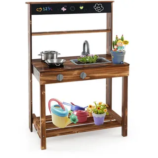 Costway Kinderküche Outdoor Natur , Naturfarben , Holz , 40x96x65 cm , Spielzeug, Kinderküchen