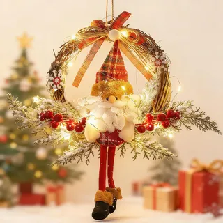 Türkranz Weihnachten, 35cm Weihnachtskranz Haustür, Led Weihnachtskranz Weihnachtsmann Rattan Kranz, Weihnachtsdeko Tür, Weihnachtstürkranz für Haustür Außen, Fenster, Wand Hängende Deko