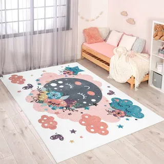 Carpet City Kinderteppich »ANIME917«, rechteckig, 11 mm Höhe, Kinderzimmer Teppich Modern mit Mond, Blumen, Wolken, Creme, Multi, beige