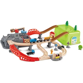 HaPe Eisenbahn-Baukasten-Set - mit integrierter Lagerbox und Güterzug aus Holz, Bahn-Set mit Schienen, Brücken & Zubehör, Montessori-Spielzeug, Kreatives Bauen & Spielen, für Kinder ab 3 Jahren