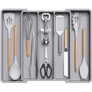 Unyqoos® Besteckeinsatz für Küche – ausziehbar & verstellbar, 3–5 Fächer, 33–57 × 38 × 5 cm, BPA-freier Kunststoff, Organizer für Besteck - Grau