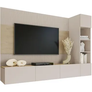 Mirjan24 Wohnwand Deromi Ii , Beige , Holzwerkstoff , 220x150x38 cm , Wohnzimmer, Wohnwände