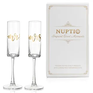 NUPTIO Sektgläser Hochzeit Geschenk Gold: 2er Set Mr Mrs Hochzeitsgeschenke Brautpaar Hochzeitstag Personalisiert Gravur Gläser Champagner Verlobung Paare Wedding Brautpaar Eltern Geschenkideen