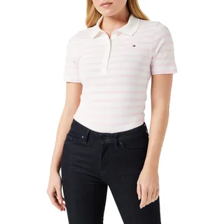 Tommy Hilfiger Damen Poloshirt Kurzarm 1985 Slim Pique Slim Fit, Weiß (Breton Stripes Ecru/Pastel Pink), L