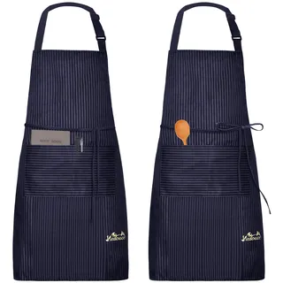 Viedouce 2 Pack Schürze,Wasserdicht Kochschürze mit Taschen,Verstellbarem Küchenschürze Grillschürze latzschürze Küchenschürze für Frauen Männer Chef-Belastbar Einfach zu Reinigen,Streifen Marineblau