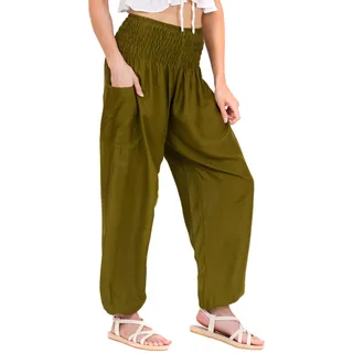 Lofbaz Damen Haremshose Yogahose Pumphose Hippie Hose Boho Kleidung Festival Outfit Sommerhose Leicht Sommer Hosen - Solid 1 Dunkelgrün XL