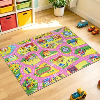 Capslpad Autoteppich Kinder 100x160cm rutschfest Kinderteppich Stadtplan Interaktiver Spielteppich Waschbar Kreativ Pädagogisch Spielmatte für Kinder Teenager Kinderzimmer Spielzimmer Dekor,Rosa