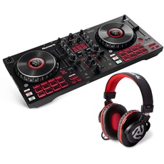 Numark DJ Pro Paket - Platinum FX DJ Controller Pult mit 4-Deck Kontrolle, integriertem Audio Interface, Jogwheel-Displays und Effektpaddeln und HF175 Kopfhörer im geschlossenem Design, 40mm Treiber