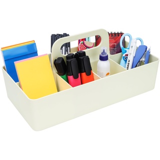 BELLE VOUS Kunststoff Schreibtisch Organizer Weiß mit Griff - 17 x 33 x 8 cm - Tragbarer Organizer Schreibtisch Stiftehalter mit 8 Fächern für Schreibwaren, Stifte, Bleistifte & Bürobedarf