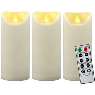 3 Stück 17,8 cm wasserdichte flammenlose LED-Stumpenkerzen mit Fernbedienung, Timer/batteriebetriebene Kunststoff-LED-Fake-Kerze für Halloween-Kürbis-Licht-Laterne, Weihnachtsdekorationen (Elfenbein)