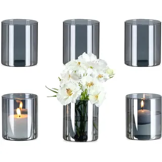 Glasseam Glasvase Zylinder Grau für Tischdeko: 6 Stück Elegante Vase Glas für Home Wohnzimmer Küche Esstisch Tisch Deko - Glaszylinder Blumenvase Modern Vasen Set für Blumen Tulpen Rosen