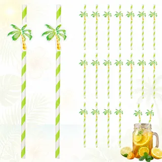 Ovanda Hawaii Party Deko, 20 Stück Palmen Strohhalme Grün Weiß, Papierstrohhalme mit 3D Palmen Deko, Hawaii Party Trinkhalme für Sommerparty, Cocktail, Poolparty, Strandparty, Kindergeburtstag