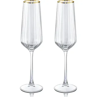 Joeyan 270ml Geriffelt Sektgläser mit Goldrand, 2er Set Kristall Fluted Champagner Gläser, Handgefertigte Gold Rimmed Sektflöten, Ästhetik Sektkelche Geschenke für Hochzeit Jahrestag Geburtstag Party