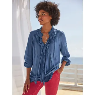 Rüschenbluse HEINE, Damen, Gr. 38, blau (jeansblau), 70% Viskose, 30% Seide, unifarben, V-Ausschnitt, Blusen Rüschenbluse