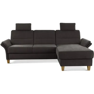 CAVADORE Ecksofa Wyk mit Federkern / Eckcouch im Landhaus-Stil mit Longchair, 2 Kopfstützen + Holzfüßen / 252 x 90 x 162 / Chenille, Braun