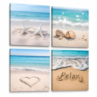 Galmcook Wohnzimmer Poster Wandbilder 4er Set 30x30 cm mit Holzrahmen | Strandbilder für Badezimmer Wohnzimmer Schlafzimmer, fertig gerahmt mit Haken, Nägeln und Klettpads