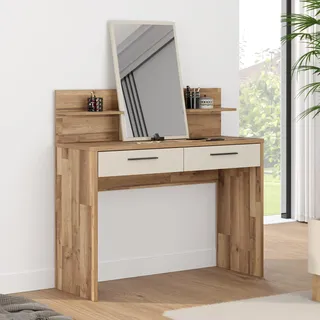 Forte RICCIANO Schminktisch 110 120, Scandi Stil Schminkkonsole, Konsolentisch mit Spiegel, Holzwerkstoff, Kaschmir Beige/Stabeiche Holzdekor, 114,5 cm breit x 147,1 cm hoch x 41,3 cm tief