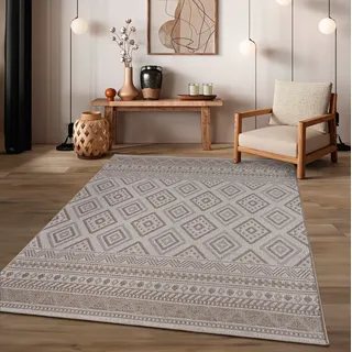 TT Home In-& Outdoor Teppich Wetterfest Balkon Küche Wohnzimmer Boho Rauten Design Größe 60x100 cm - Beige