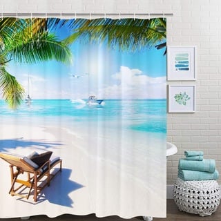 Yugarlibi Strand Meer Blau Grün Duschvorhang, Antischimmel Wasserdicht Stoff Textil Duschvorhänge, Sonne Himmel Wolken Abwaschbar Shower Curtain, 180x200 cm