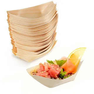 HUATEEN Bambus Einwegschalen Schiffchenform,Holzboot Teller 50 PCS Snackschalen-Set für Fingerfood & Imbiss Öko Geschirr mit Teller/Schale für Hot Dog,Pommes und Sushi-Party