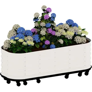 Hochbeet Metall auf Rollen mit Wasserspeicher, mit Selbstbewässerung & Bremsen, 195x60x50CM Weiß Gartenbeet Frühbeet Garten für Blumen, Obst, Gemüse