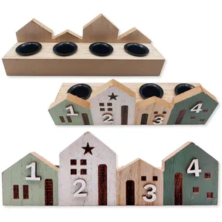 Adventskerzenhalter Holz: Adventskranz, Kerzenhalter für 4 Stabkerzen, Dekohäuser Weihnachten & Advent, Dekofigur Haus, Weihnachtsdeko Modern, Deko Innen, Natur, Grün & Weiß, Holzdeko Figur, 19 cm