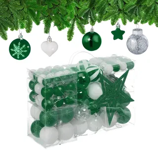 Relaxdays Weihnachtskugeln 101er Set, Kunststoff, Weihnachtsbaumdeko Kugeln & Spitze, Christbaumschmuck, dunkelgrün/weiß