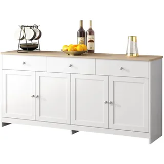 Sideboard 160 cm Weiß Holz Landhaus Kommode mit 4 Türen 3 Schubladen , 160x75x37 cm , Kleinmöbel, Kommoden, Sideboards