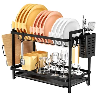 Fousenuk Abtropfgestell Geschirr 2 Etagen, Abtropfgestell Geschirr Schwarz, Geschirrabtropfgestell Klein, Dish Drainer, Geschirr Abtropfständer mit Abnehmbarer Haken, Dish Drying Rack mit Tropfschale