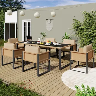 Merax Polyrattan-Esstisch-Set für 6 Personen, Gartenmöbel mit abnehmbaren Stoffbezügen - Elegantes und robustes Design für Außenbereich - Beige