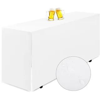Teruntrue 1 Stück Premium-Biertischhusse, Biertischhusse für Bierzeltgarnitur, 220 x 50 cm, wasserdichte Tischdecke mit geschlitzter Unterseite, waschbare Tischhusse für Bankette im Freien (weiß)