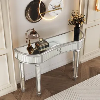 MODFU r Konsolentisch Frisiertisch mit Schublade mit Kristallknauf,Schminktisch mit Hartholzrahmen und vier Beine,für Schlafzimmer/Ankleidezimmer,Silber - Silber