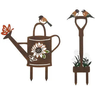 Jemeni Gartenwerkzeugpfahl aus Metall mit Vogel, Schaufel und Gießkanne, dekorativer Pflanzstab für Außenbereich, Hof, Rasen, Kunst, 2 Stück