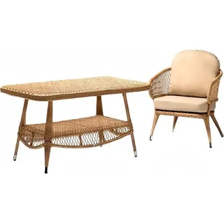 Sessel Couchtisch Garnitur Beige Terrasse Modern Sitzer Rattan stilvoll Set - Beige