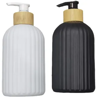 VINATO 2 Stück Glas Seifenspender Set, 400ml Matt Keramik-Optik mit Holz-Akzenten, Manuelle Pumpe, Multifunktional für Bad, Küche & Wohnkultur (Schwarz & Weiß)