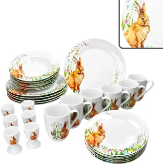 30tlg Kombiservice Osterfreude Oster-Geschirr Becher Eierbecher Teller Porzellan - Bunt