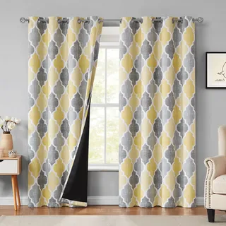 Beauoop Bedruckte Schlafzimmer-Vorhänge, 274 cm lang, 95% Verdunkelung, Fenstervorhang, Paneele, marokkanisches Geo, Thermisch isoliert, 4 Folien-Ösen, 132 x 274 cm, Gelb/Grau (2 Paneele)