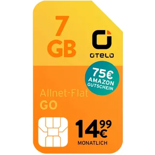 Otelo Go | 7 GB statt 3 GB | Schnelles LTE-Netz von Vodafone | Telefon & SMS Flat | EU-Roaming | LTE 50 inklusive | Speed Upgrade (LTE 100) & 5G-Option verfügbar | Erhalte 75 € Amazon-Gutschein