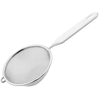 Fackelmann Sieb Ø 10 cm, Küchensieb aus Edelstahl, feinmaschiger Seiher mit Griffeinlage aus Kunststoff (Farbe: Weiß/Silber), Menge: 1 Stück