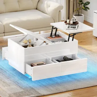 YITAHOME Couchtisch Höhenverstellbar mit 4 Schubladen, Wohnzimmertisch Hochglanz mit LED, Kaffeetisch mit Stauraum, Weiß, 80x55x46cm