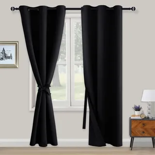 XWZO Blickdichte Vorhänge Verdunklungsvorhänge mit Ösen 2 Stücke Gardienen mit Raffhalter Lichtundurchlässige Vorhänge für Schlafzimmer,WonhzimmerBüro, 229x117 cm, Schwarz
