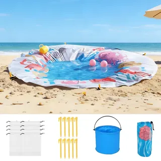 SKIKHN Strandpool für Kleinkinder, Tragbarer Toddler Beach Pool 140cm, Round Beach Puddle Pool Faltbares, Strandpooldecke Kinder Mit Tragebeutel und Befestigungsklammern, Für Reise Urlaub Picknick
