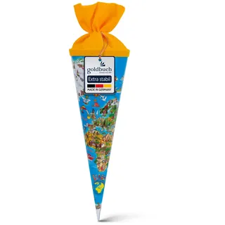 Goldbuch 93 070 Geschwistertüte Weltkarte, Schultüte mit Weltkartenmotiv, Lackkarton, Geschenkverpackung mit gelbem Filzverschluss (ohne Verschlussband), Zuckertüte rund, Länge 35 cm, Ø 11,5 cm