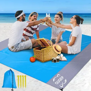 OUGEP Stranddecke Sandfrei, Picknickdecke Wasserdicht Überdimensioniert Strandtuch Strandmatte 4 Befestigung Ecken für den Strand, Wandern, Campen und Outdoor (200 x 230 cm)(Blau/Grau)