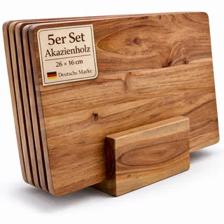 Plogis Frühstücksbrettchen Holz Set (5er) aus Akazie mit Ständer – kleine Schneidebretter 26×16 cm für Küche, Brotzeit & Vesper - Schneidebrett aus Holz