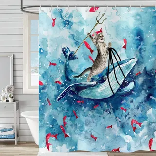 Hnmdmyi Duschvorhang Lustig Katze 180x200, Urkomische Katze Reitet Wal in Ozean Welle Duschvorhänge Niedliche Kinder Aquarell Blau Badewanne Vorhang Wasserdicht Polyester Stoff Waschbar Badevorhang