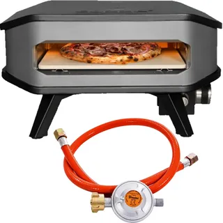 COZZE® 90348 Starterset Gas Pizza Ofen inklusive Druckminderer mit Schlauch mobiler Pizzaofen Pizzastein Gasgrill bis 400°Grad regelbar mit 34x34 cm Pizzastein tragbar Terrasse Balkon Test"SEHR GUT" - Schwarz, Grau