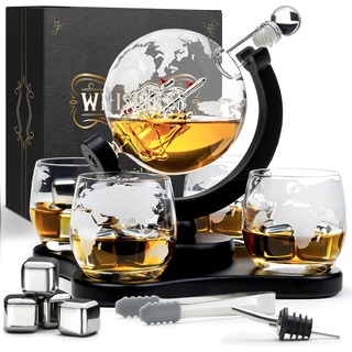 WHISISKEY Whisky Karaffe Set - Whiskey Geschenkset - Geschenke für Männer - Männergeschenke Geschenk - Geburtstagsgeschenk Mann - Globus Dekanter 900ML, Geschenkbox, 4 Whisky Gläser, 4 Whisky Steine