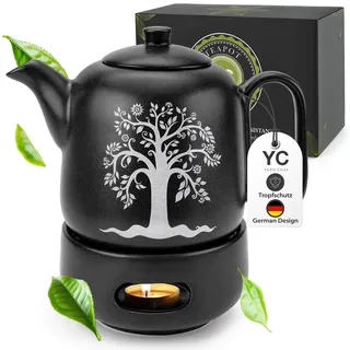 YC Yang Chai Teekanne mit Stövchen Set - Keramik Schwarz Matt 1.3L - Teekanne mit Siebeinsatz - Tropffrei & Hitzebeständig - Handgefertigte Keramik Tee Kanne - langanhaltende Wärme - YC TREE