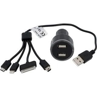 Kfz-USB-Lade-Set 4 in 1, 12/24 Volt mit blauem Leuchtring, schwarz